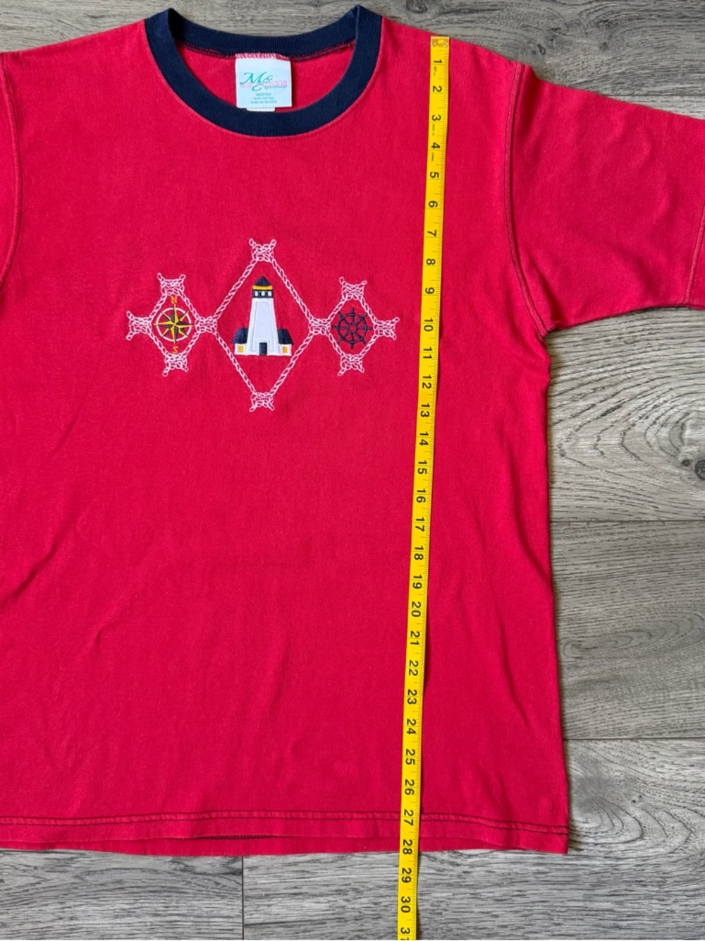 Vintage 90s Nautical Lighthouse Embroidered Ringer Tee - Size Medium - Picture 5 of 6